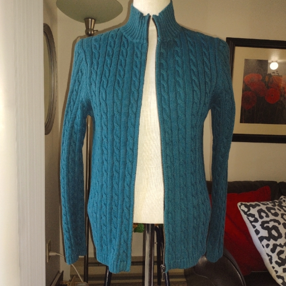 LL Bean Teal full zip cable knit turtle neck long sleeve sweater sz L